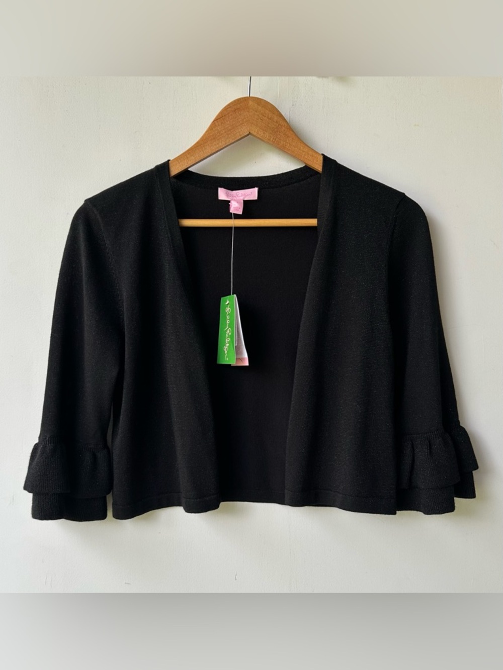 Lilly Pulitzer Cardigan Crop Black Metallic Ruffle Sleeve Women’s Size Small NWT